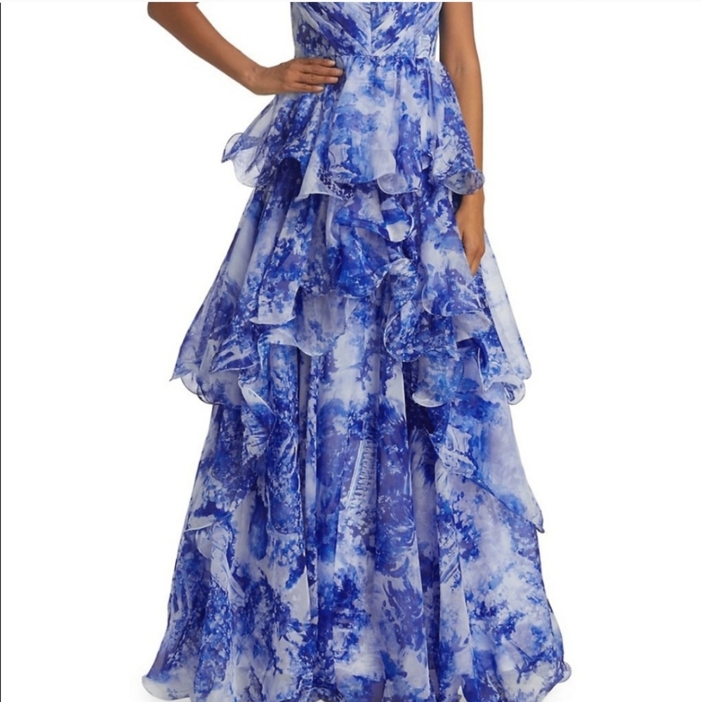 Marchesa Notte painterly tiered dress, size 8